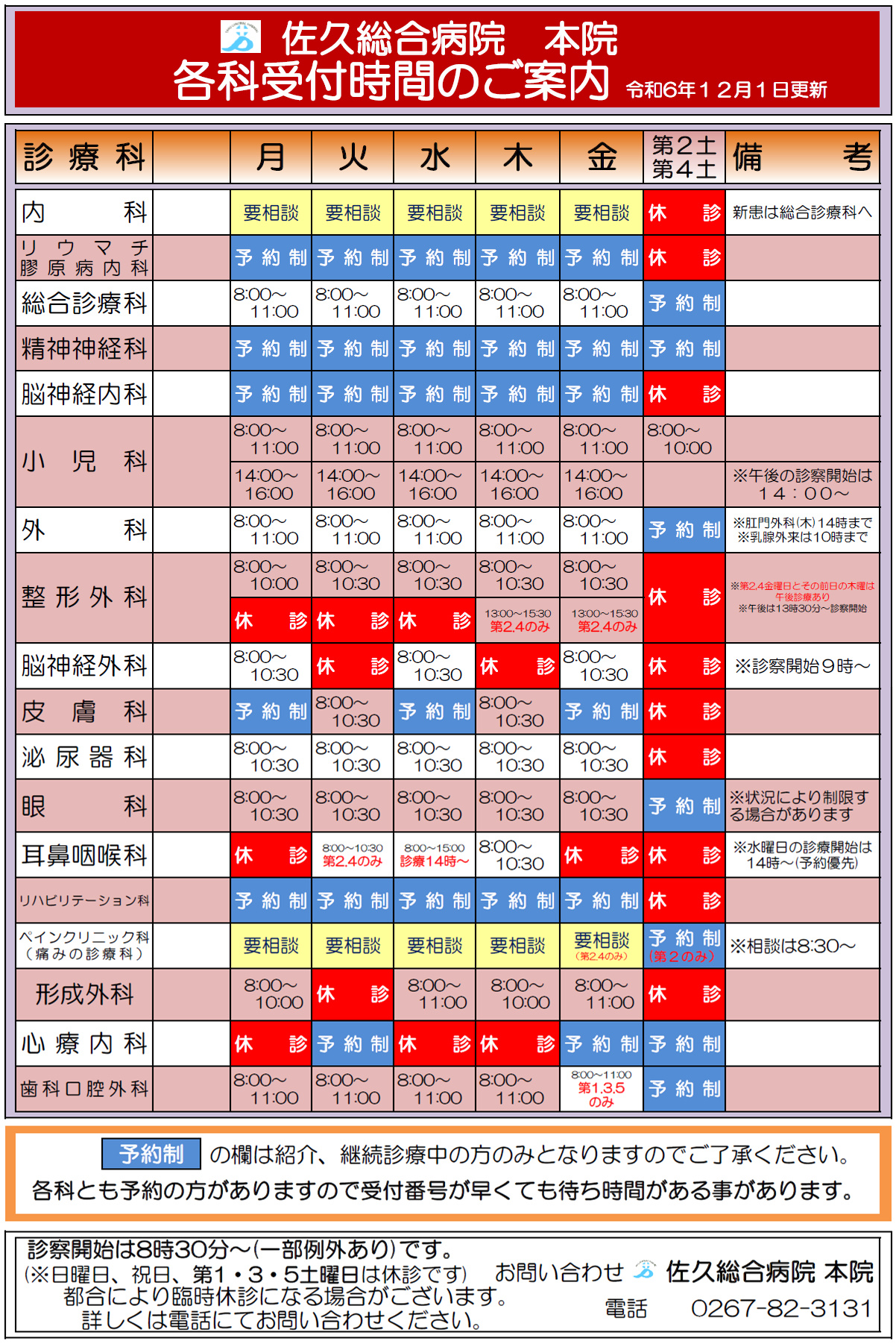 各診療科の受付時間一覧